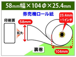 券売機ロール紙　58×104×25.4(1インチ) 裏巻　紙厚105μ