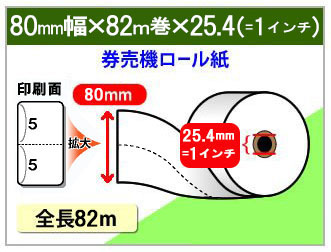 券売機ロール紙 80×82m×1インチ(25.4mm) ミシン目5:5 105μ