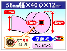 感熱カラーロール紙　58×40×12　ピンク